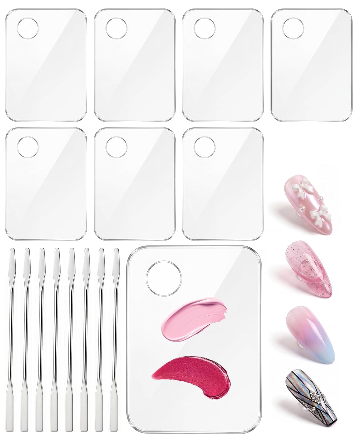 Acrylic Nail Art Palette Set - 8 Transparent Mixing Plates with Stainless Stirring Rods | Perfect for Nail Polish Mixing