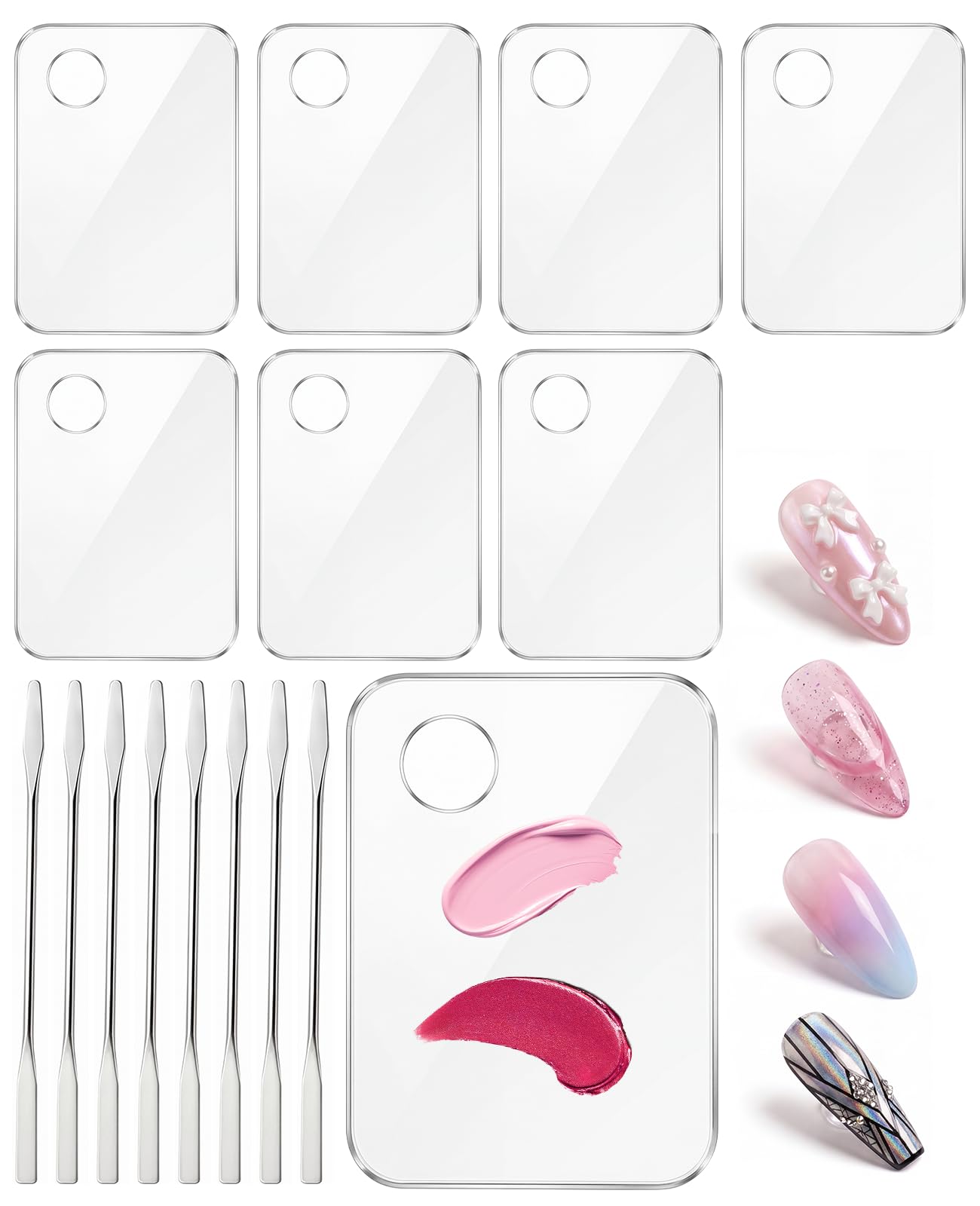 Geyynow 8 PCS Acrylic Nail Art Palette, Transparent Nail Polish Mixing Plate with Stainless Stirring Rod