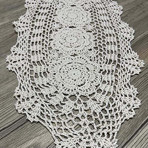 Phantomon Handmade Cotton Lace Table Runner - Oval Doily, 12x24 Inch, Beige