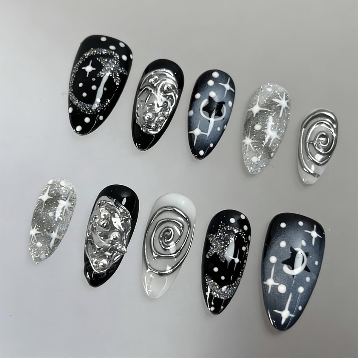 Gothic Y2K Black Almond Press-On Nails - 30 Pcs 3D Silver Glitter Design | Reusable Acrylic Punk Nails