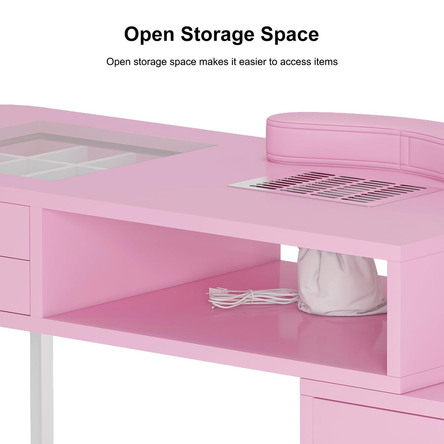 TABU Professional Manicure Table, Large Nail Table for Nail Tech with Pull-Out Drawers& Opening Storage Cabinets, Nail Workstation with Dust Collector, Wrist Cushion, Pink