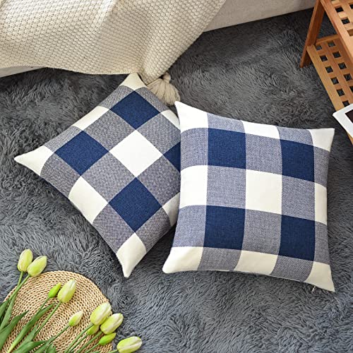 Tosewever Set of 2 Blue & White Buffalo Check Pillow Covers - 20" x 20" Cotton Linen Cushion Cases for Farmhouse Home Decor
