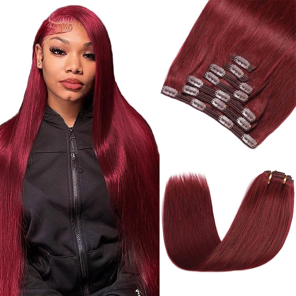#99J Burgundy Clip in Hair Extensions, 18 Inch 120g/7Pcs,Full Shine Remy Human Hair,Wine Red Straight Clip ins Brazilian Virgin Human Hair Extensions