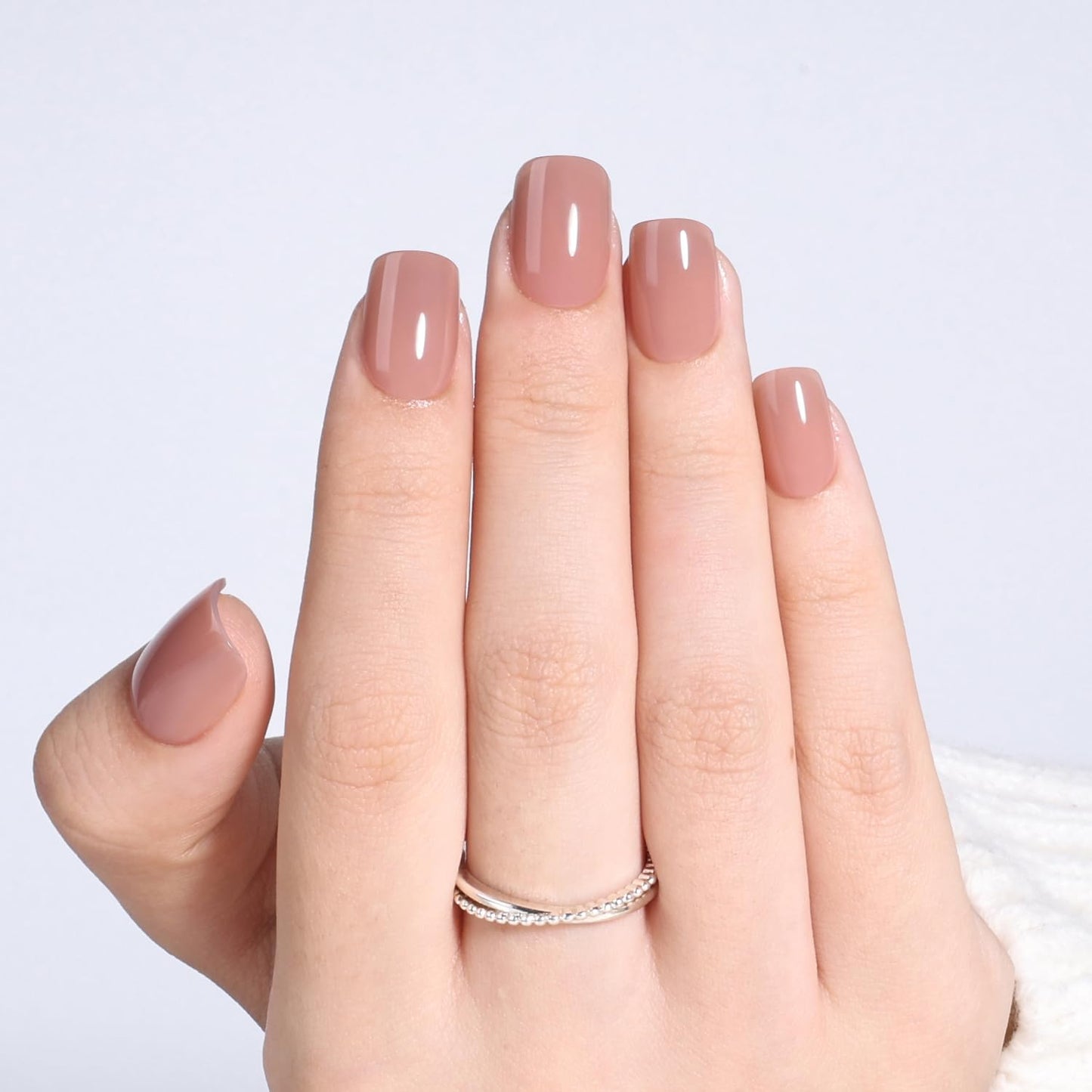 French Tip Press On Nails - Glossy Pink Almond Reusable Fake Nails | 32 Pieces in 16 Sizes with Glue