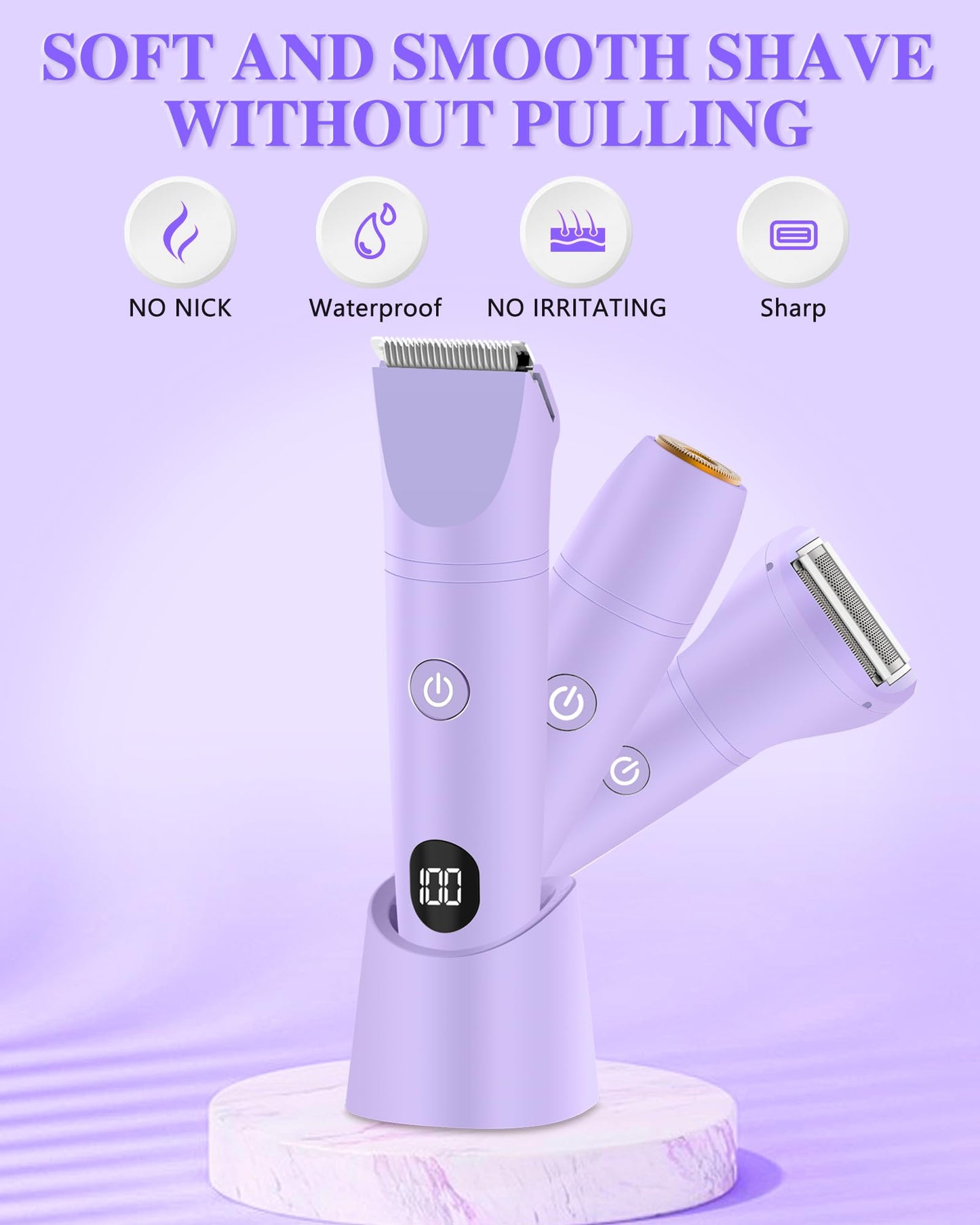 Bikini Trimmer for Women, Electric Razor for Pubic Hair 3-in-1, Bikini Shaver for Legs Body Hair, Womens Electric Razor IPX6 Waterproof, Gifts for Women,Purple