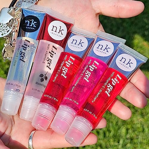 Hydrating Lip Gloss Set with Vitamin E - 5 Pack Lip Gels in Clear, Rosehip, Strawberry, Cherry & Bubble Gum