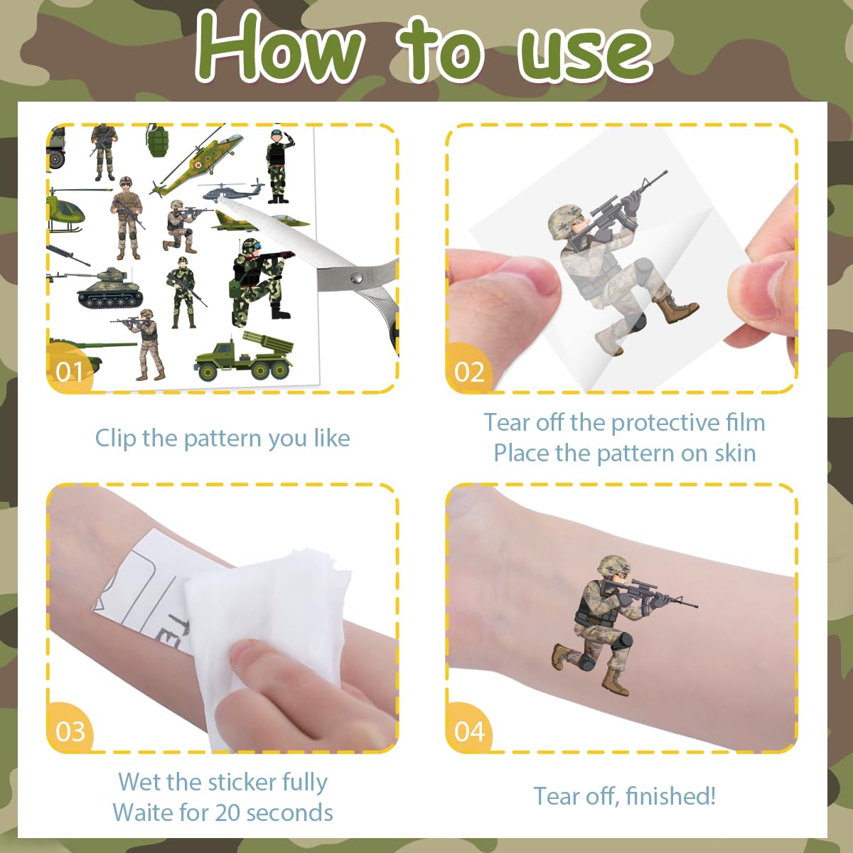 Army Birthday Decorations - 200+ Camo Temporary Tattoos & Military Stickers | Party Favors for Kids