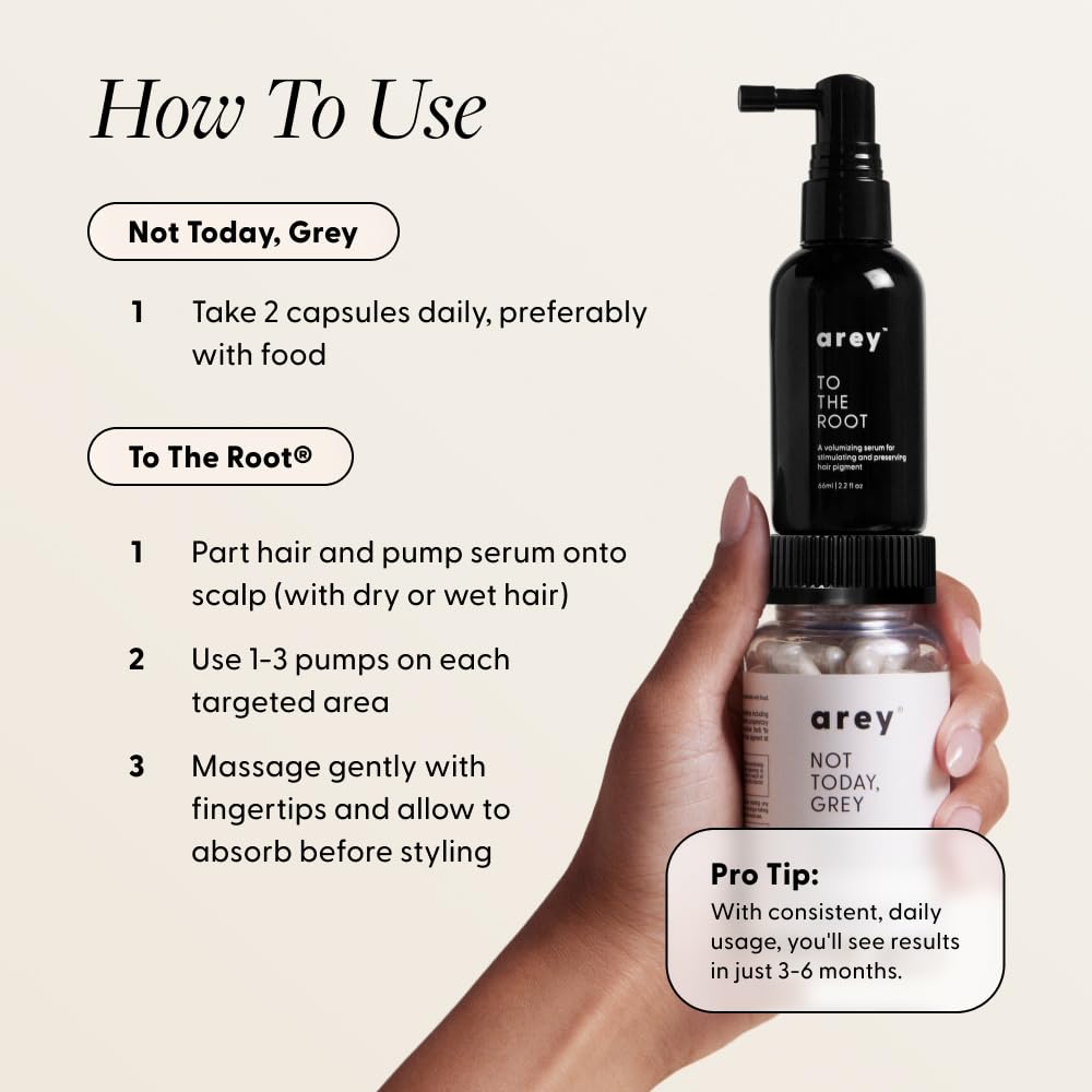 Arey Daily Hair Serum & Supplement for Thicker, Fuller Hair - Slows Grey Growth in 3-6 Months | Biotin & Vitamins (1 Month)