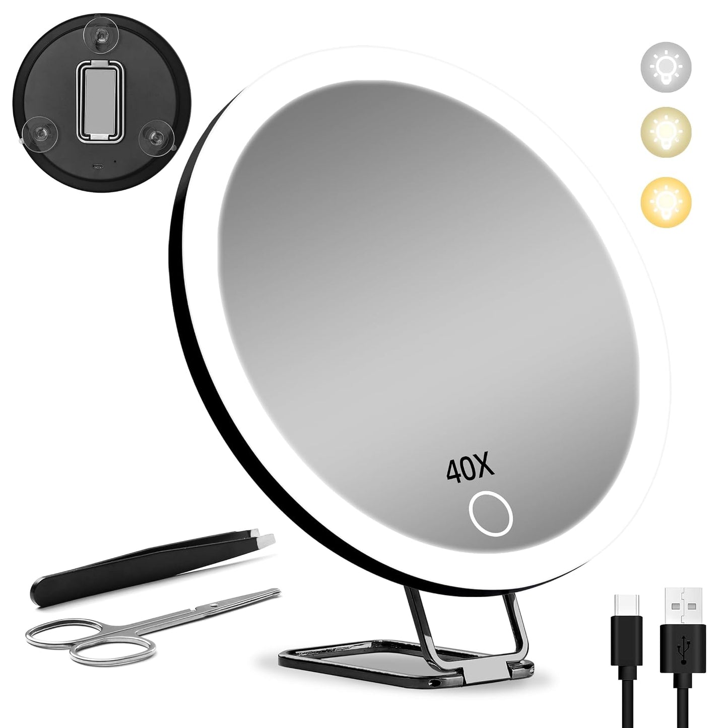 10X Magnifying Mirror with Lights - 6-Inch Lighted Travel Makeup Mirror | 3 Suction Cups & 360° Adjustable Bracket, Includes Tweezers & Scissors