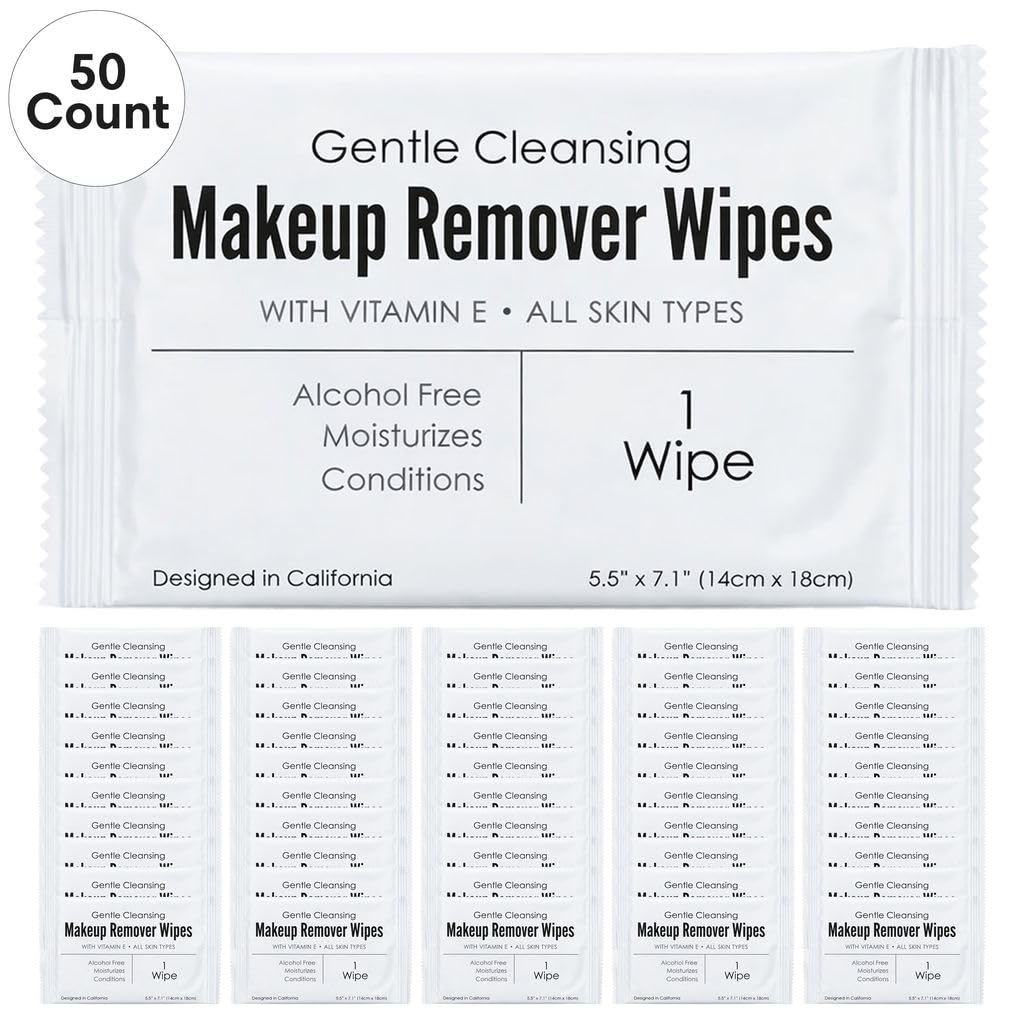 Makeup Remover Wipes - Alcohol-Free Vitamin E Facial Cleansing Wipes for Sensitive Skin | 50 Individually Wrapped Travel-Friendly Wipes