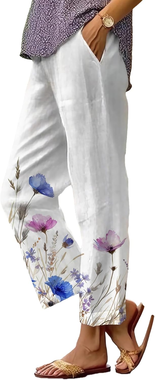 Women's Boho Floral Wide Leg Capris - Elastic Waist, Loose Fit Beach Pants | Casual Summer Trousers