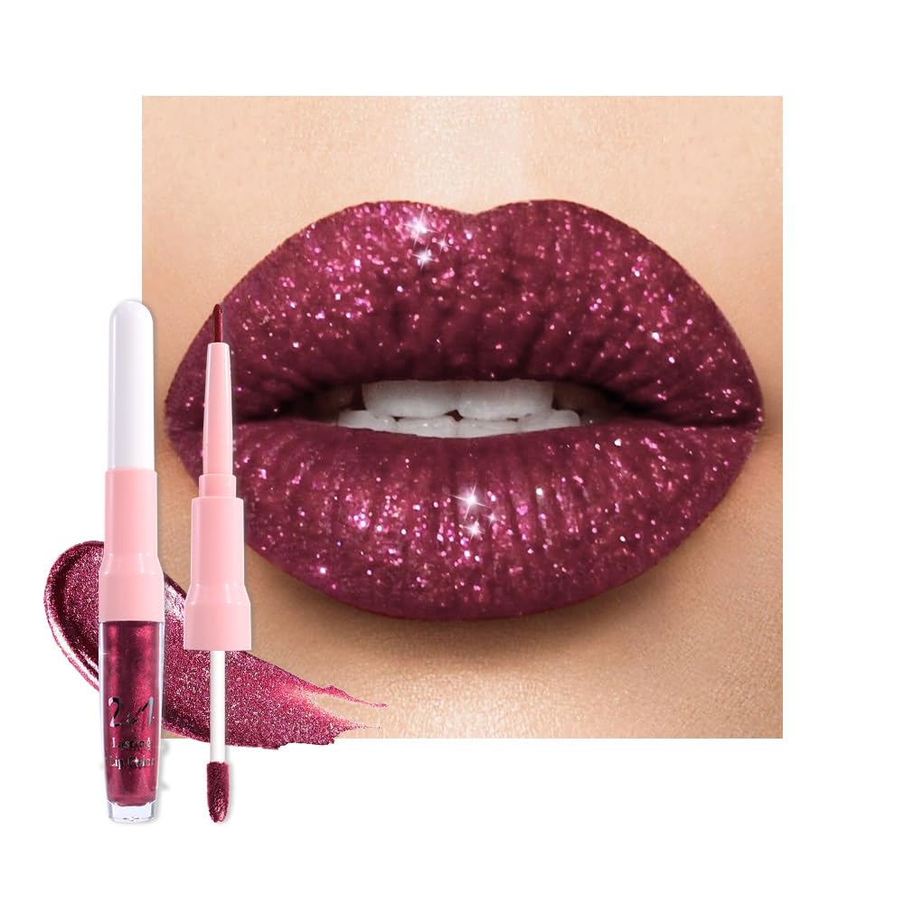 Dark Purple Red Metallic Glitter Lip Liner & Lipstick Combo - Long Lasting Waterproof Liquid Lipstick Set for Women | Iridescent Shine, Non-Stick Cup