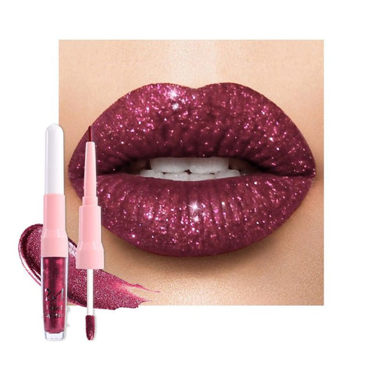 Dark Purple Red Metallic Glitter Lip Liner & Lipstick Combo - Long Lasting Waterproof Liquid Lipstick Set for Women | Iridescent Shine, Non-Stick Cup
