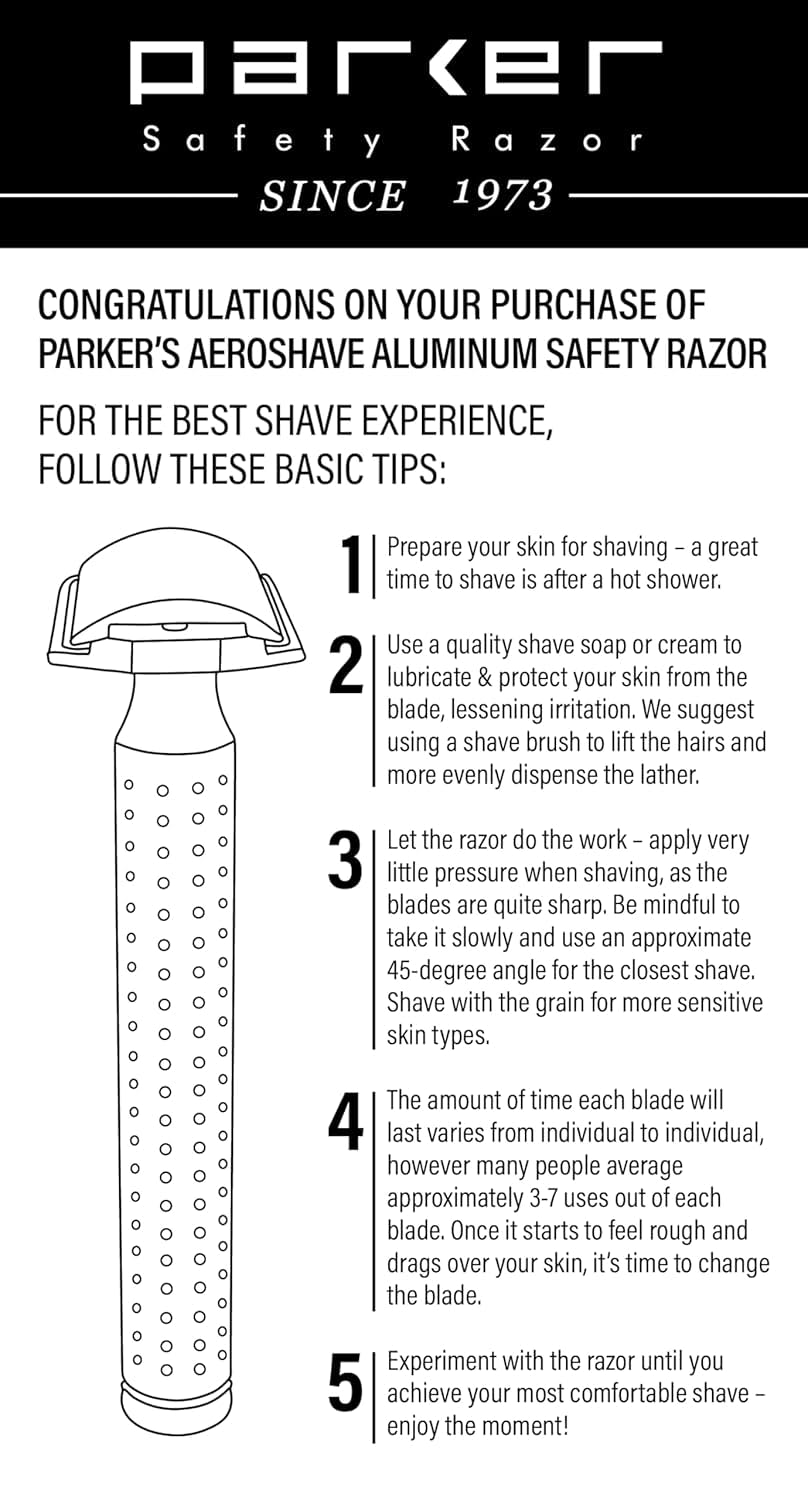 Parker Safety Razor - The AeroShave, Classic Length Handle-CNC Aluminum Double Edge Safety Razor & 5 Blades,- Precision Blade Exposure for a Comfortable Shave, For Men & Women. Mild Aggression