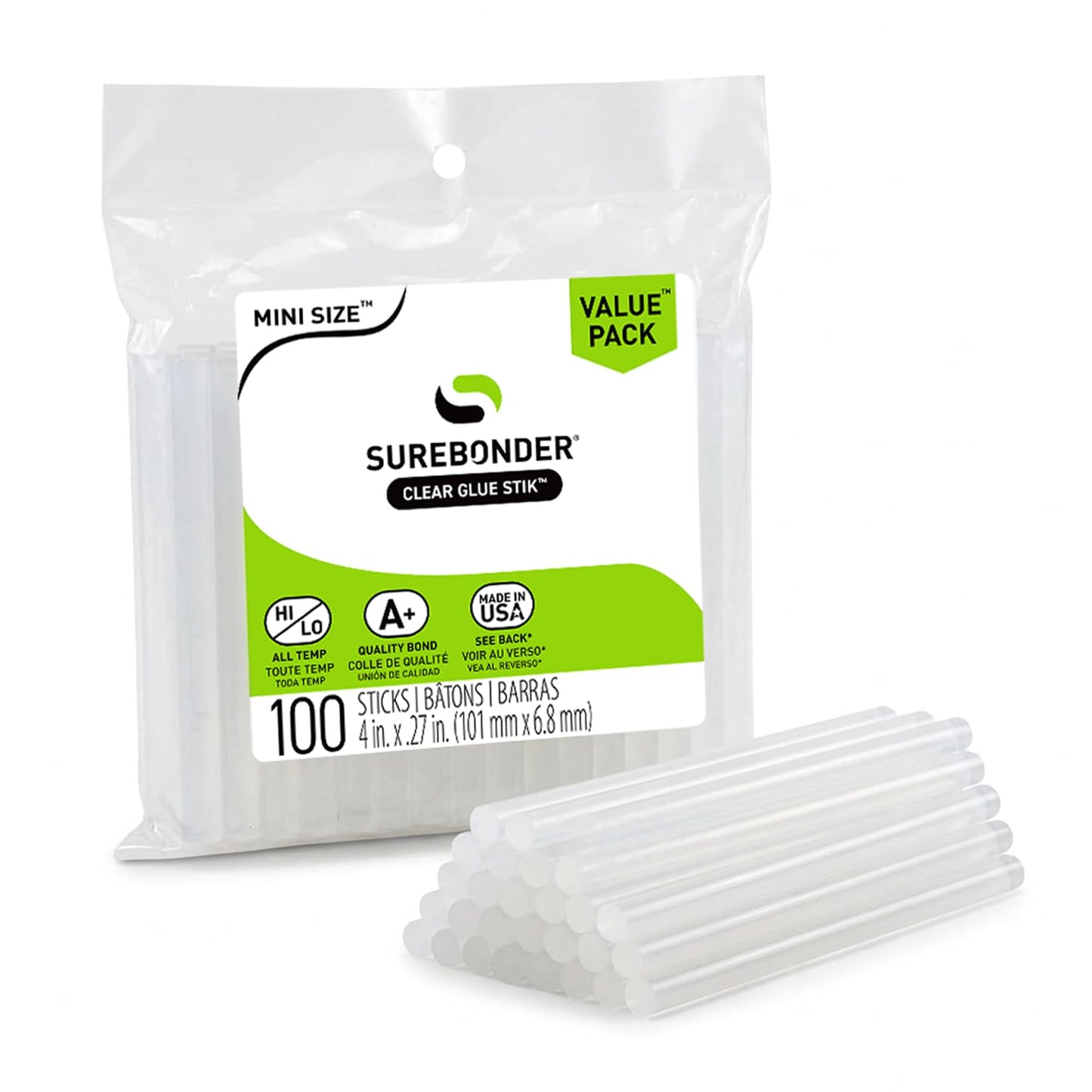 Surebonder Hot Glue Sticks - Mini Size 0.27" Diameter, 4" Length | All-Purpose for DIY & Crafts - 100 Pack, Clear