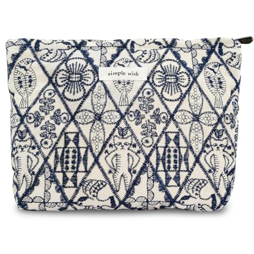 Sminra Large Makeup Bag - Vintage Cat Floral Embroidered Zipper Pouch