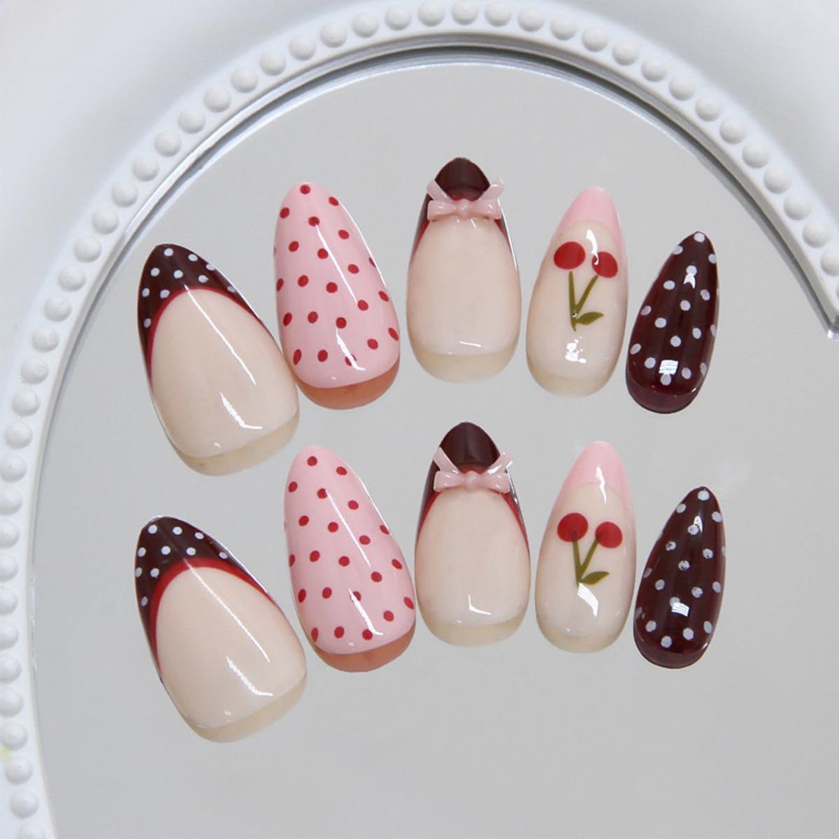 24Pcs Polka Dot Cherry Press on Nails Medium Almond Shape Fake Nails with Bow Design Glossy Red Pink French Tip False Nails Reusable Handmade Acrylic Stick on Nails for Women Girls Manicure