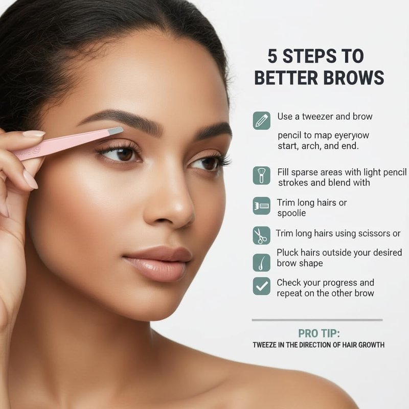 BrowVella Precision Slant Tip Tweezers for Eyebrows – Stainless Steel Professional Eyebrow Tweezers for Facial Hair & Ingrown Hair Removal - Pink