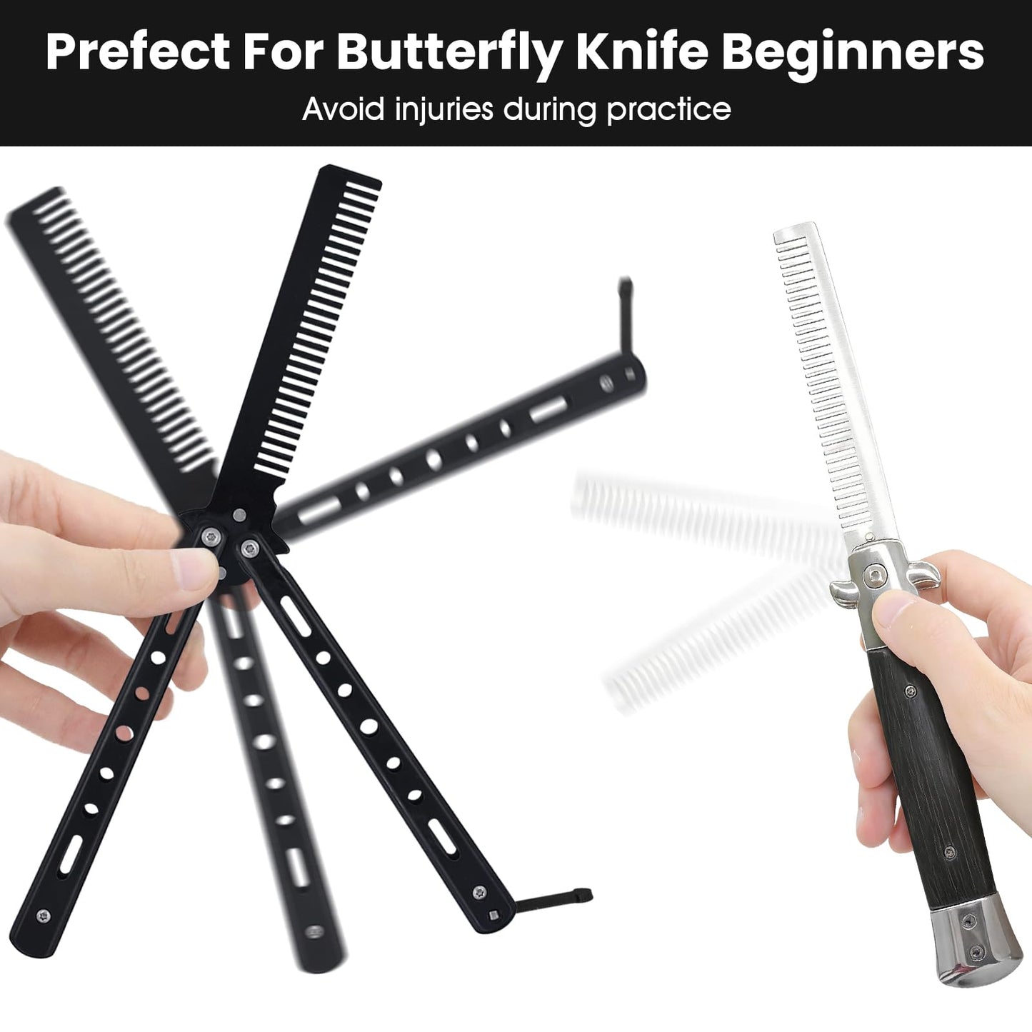2 Pieces Black Folding Combs, Stainless Steel Automatic Butterfly Comb, Pocket Comb for Hair & Beard Styling