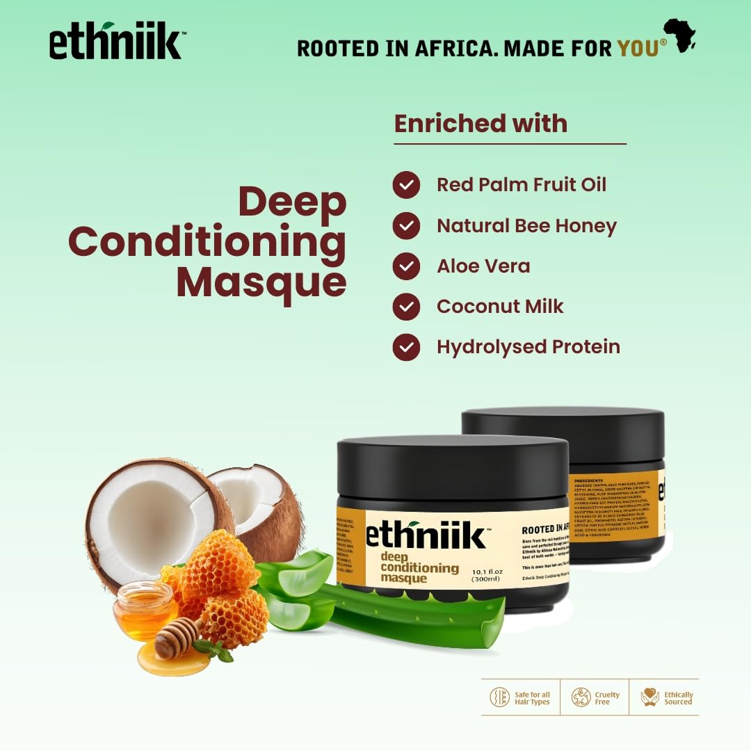 ETHNIIK Deep Conditioning Masque – Intense Hair Treatment for Dry & Damaged Hair | Revitalizes, Softens & Adds Shine | With Coconut Oil, Aloe Vera, Honey & Vitamin E – 10.1 fl.oz