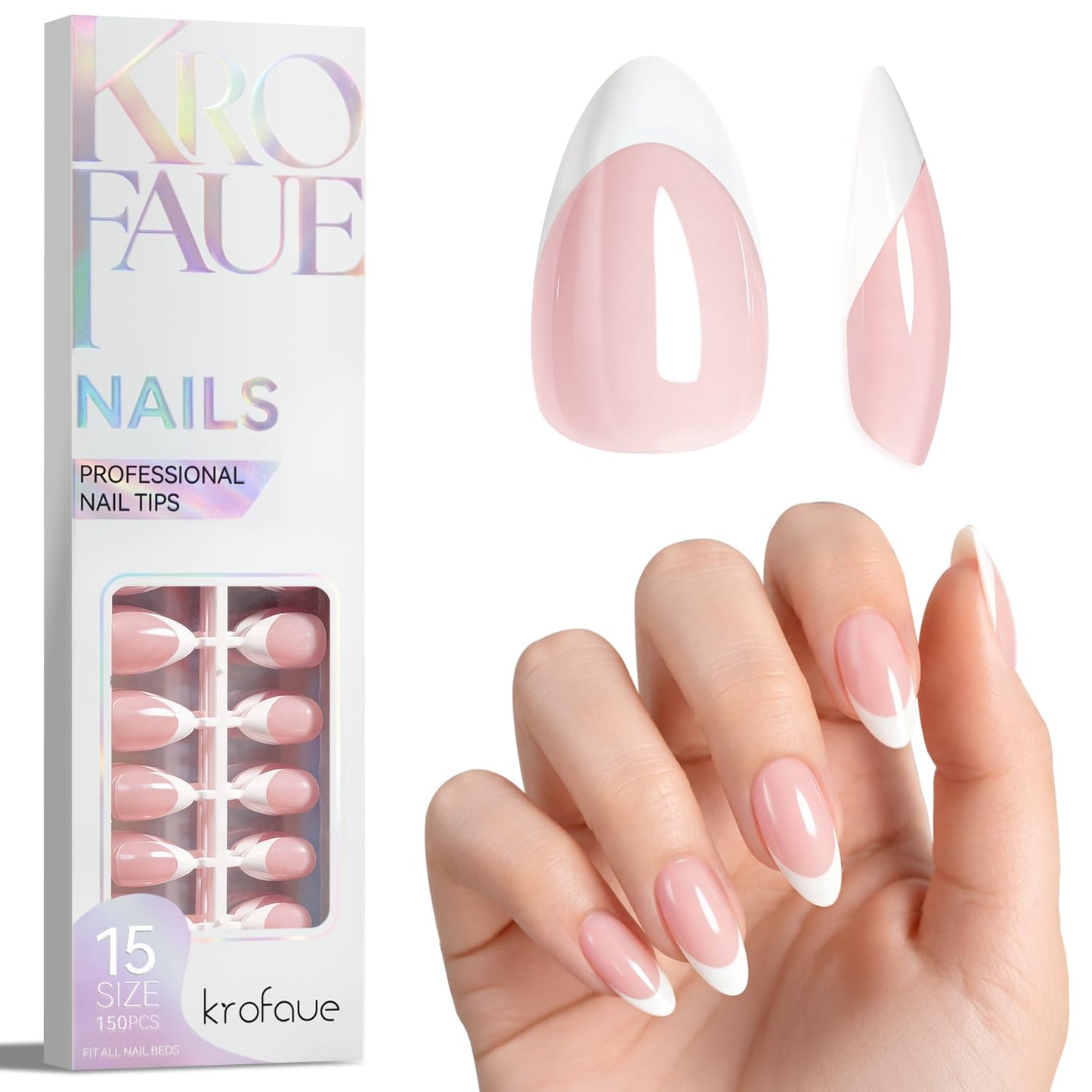 French Tip Short Almond Nail Tips - Pink Matte White Full Cover Press-On Nails | 15 Sizes for Salon & DIY Use
