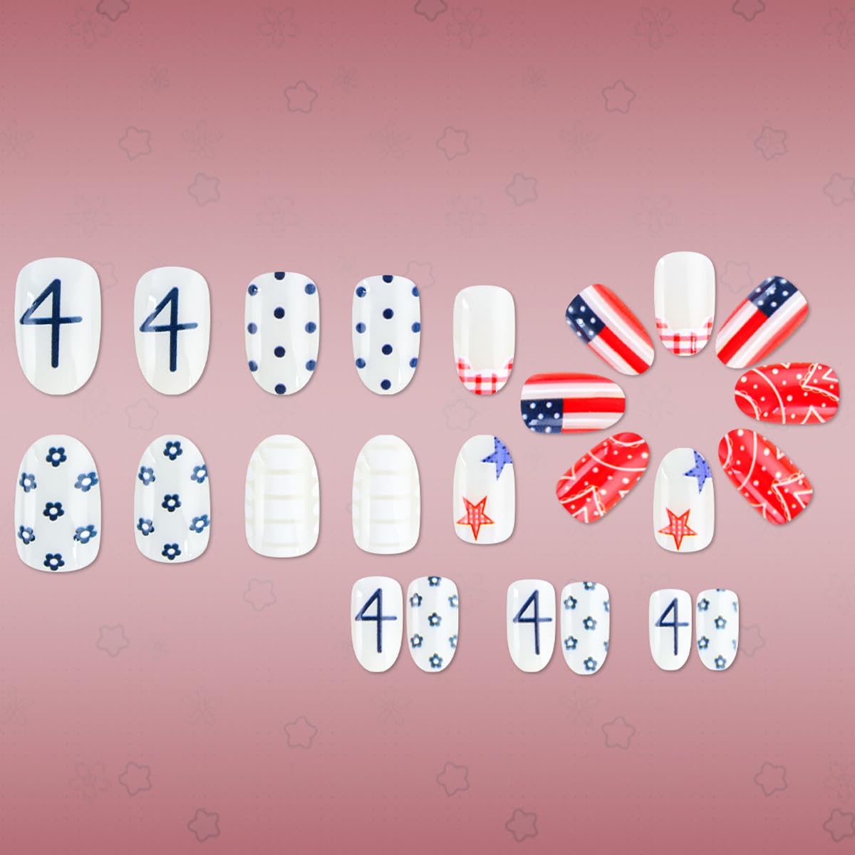 4th of July Press on Nails Medium Oval Patriotic Fake Nails with Star,American flag & Polka Dot Designs,French Tip 4th of July Nails Independence Day Full Cover Stick on Nail for Women Manicure 24Pcs