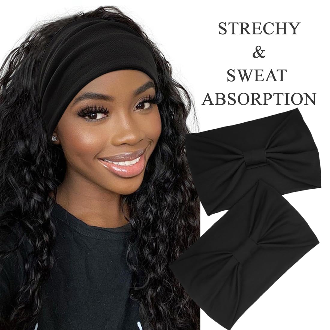 Wide Boho Headbands for Women - Fashion Knotted Hair Accessories | Black 4-Pack for Yoga & Workouts