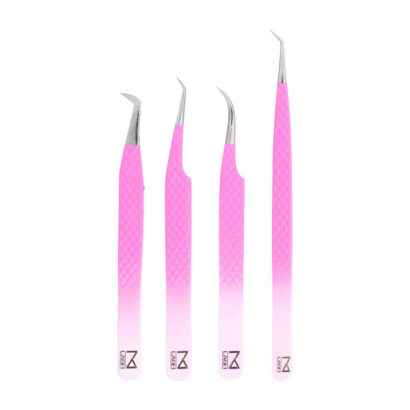 M LASH Tweezers for Eyelash Extensions (Set of 4) - Professional Lash Extension Tweezers - Fiber Tip, Japanese Steel, Diamond Grip Eyelash Extension Tweezer (PW-Ombre)