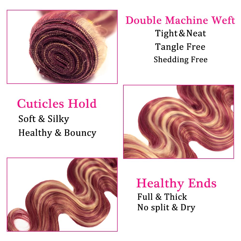 30 32 34 Inch Blonde Body Wave Bundles 99J Bundles Human Hair 8A Brazilian Virgin Remy 3 Bundles Double Weft Soft Real Ombre Hair Extensions 300g