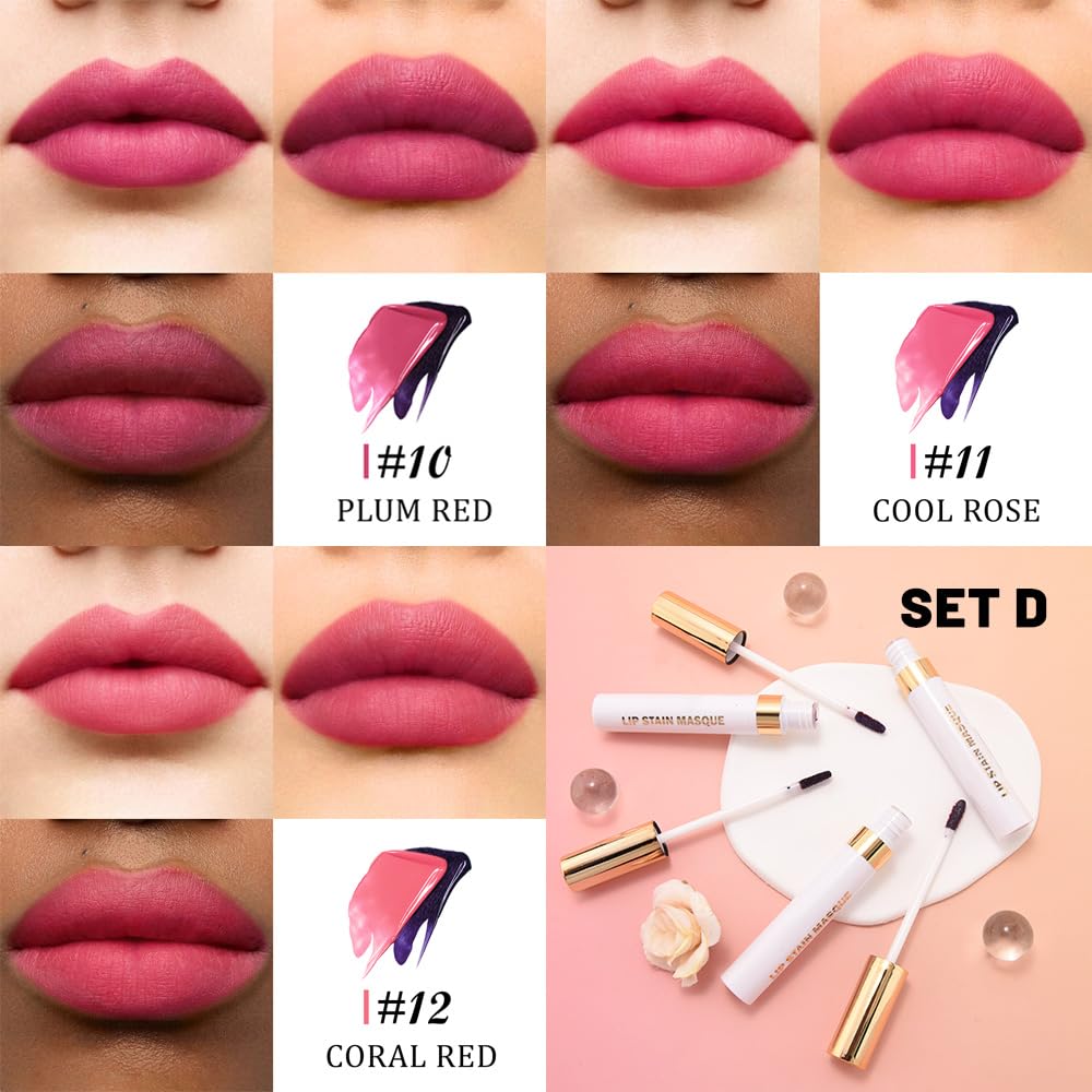 Peel Off Lip Stain Tints - 3 Pcs Long Lasting Waterproof Liquid Lipstick Set | Highly Pigmented, Non-Stick Cup
