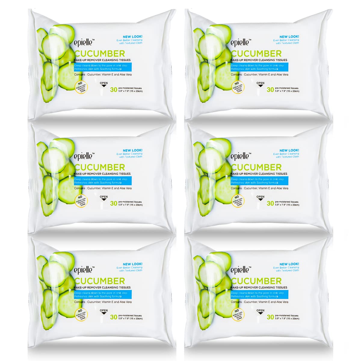 Epielle Green Tea Makeup Remover Wipes - Gentle Facial Cleanser Towelettes for Dirt, Oil & Waterproof Mascara | 30 Count (Pack of 6)