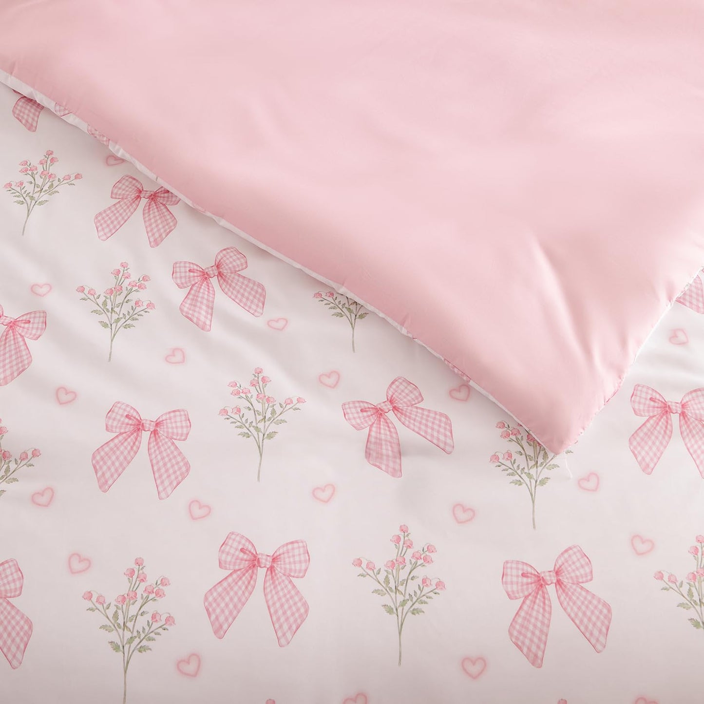 Nayoroom Pink Bow Comforter Set Full Size Coquette Pink Floral Comforter 3 Pieces Soft Lightweight Kids Girls Cute Aesthetic Dorm Bedding Set for All Seasons