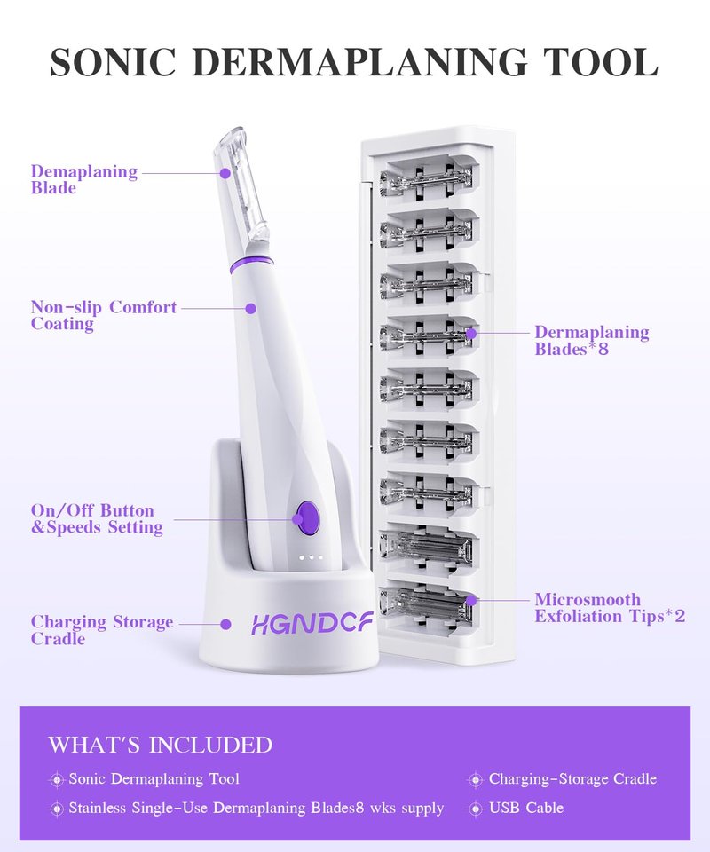 ROUWU Dermaplane Razor for Women Face,Electric Dermaplaning Tool with LED Light & 3 Speeds,Eyebrow Razor & Facial Hair Removal for Women,2 Exfoliation Tips & 8 Blades,Ideal Gifts for Mom Friend Sister