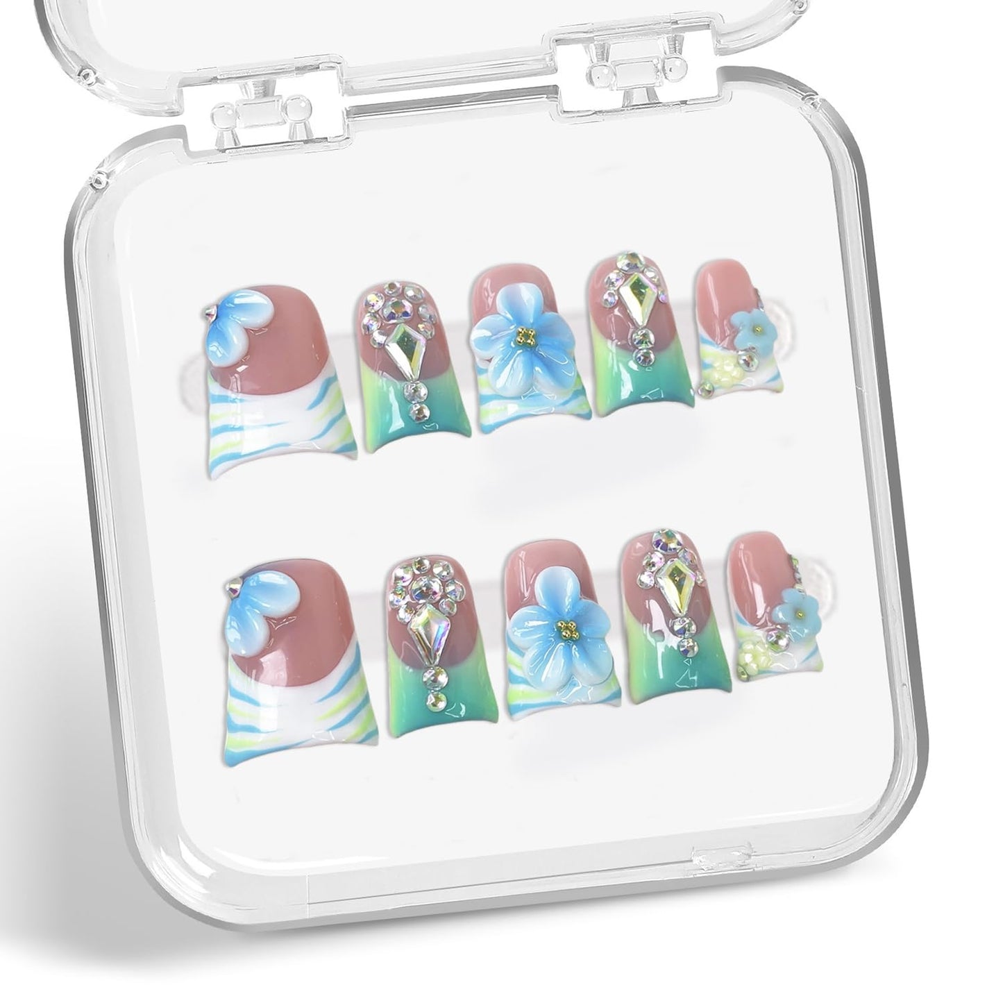 Colorful 3D Flower Press-On Nails - Handmade Thick Acrylic Full Cover | White French Tip (Medium)