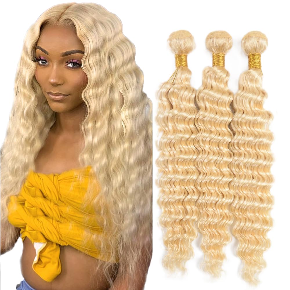 #613 Blonde Bundles Human Hair Honey Blonde Deep Wave Bundles 22 24 26 Inch Unprocessed Brazilian Virgin Hair 3 Bundle 50 Gram Per Bundle Deals Quick Weave Hair Extensions