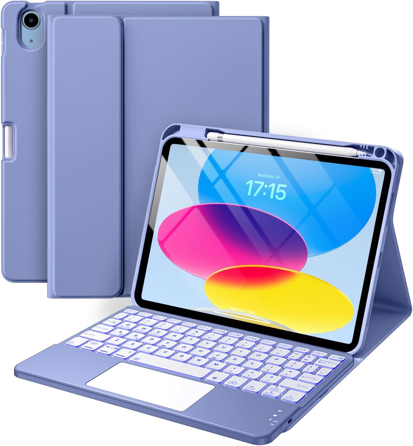 iPad 11th & 10th Gen Case with Keyboard - Folio Cover, Pencil Holder, Multi-Touch Trackpad, 7 Color Backlit | Navy Blue