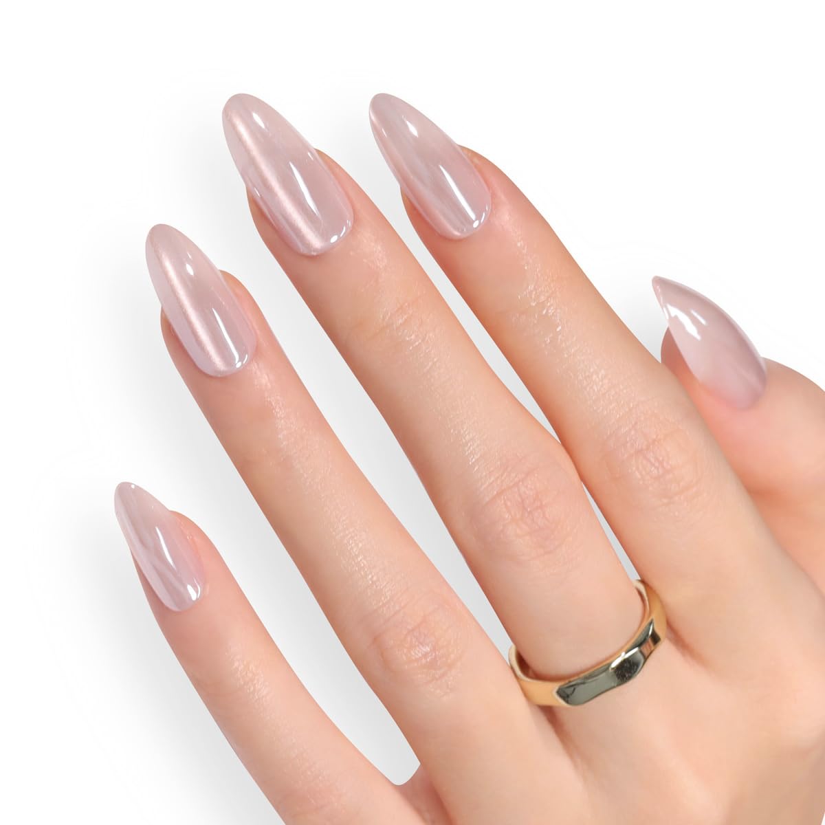 Polka Dot Press-On Nails - Short Almond Nude Chrome | Reusable Full Cover with Glazed Finish & White Dots