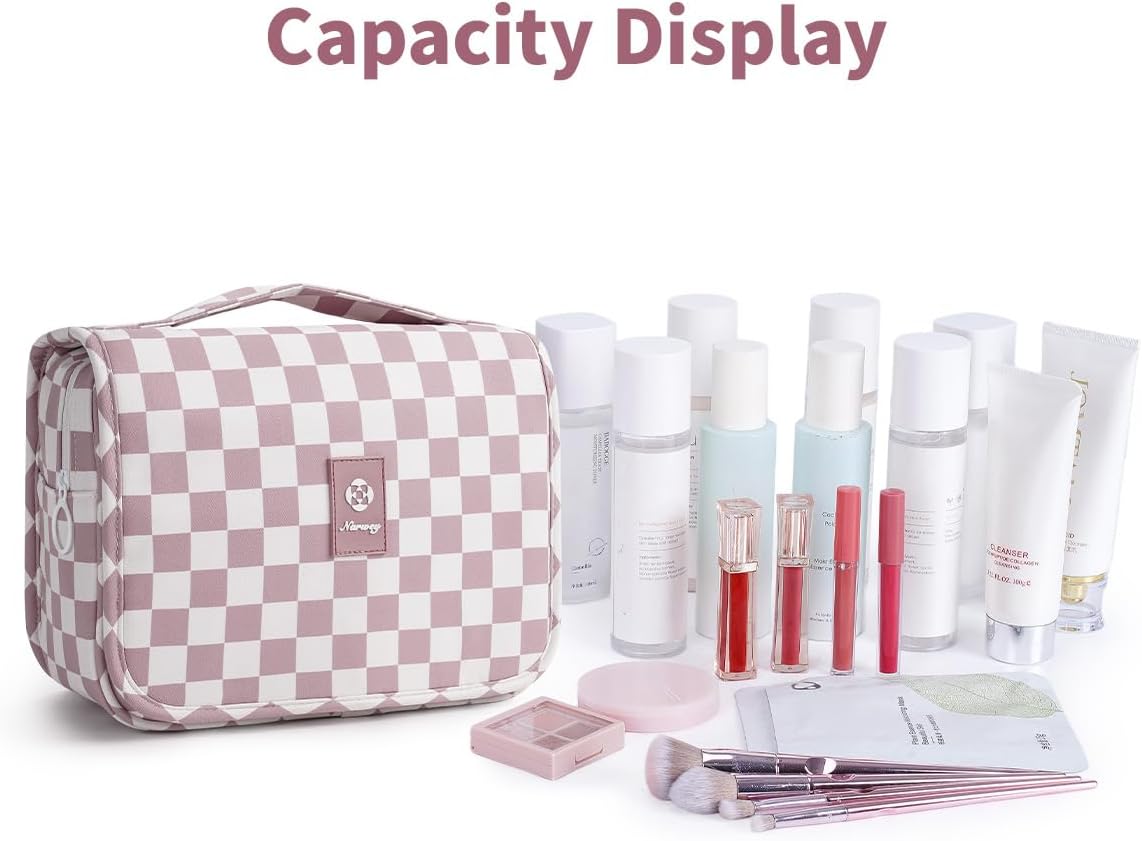 Small Hanging Travel Toiletry Bag - Checkered Makeup Organizer for Women | Dusty Pink Checkerboard