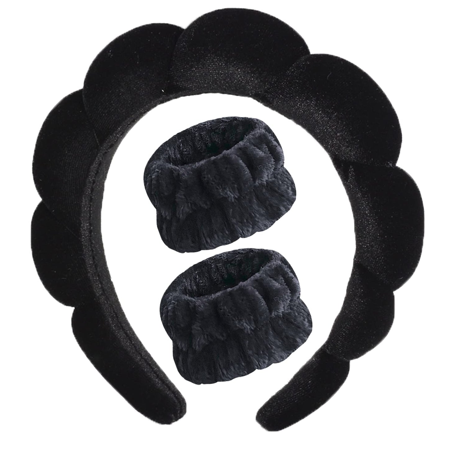 Luckybear Spa Headband - Velvet Makeup & Skincare Headband with Face Wash Wristbands | Black