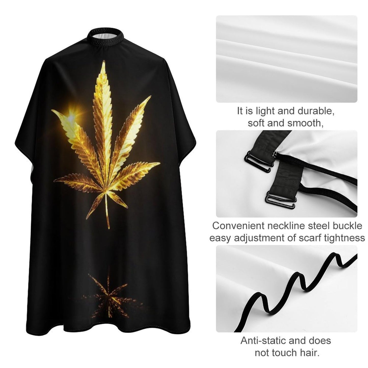 Fashion Salon Barber Cape Professional Hair Cutting Cape with Adjustable Snap Closure Cool Gold Golden Weed Leaves Black