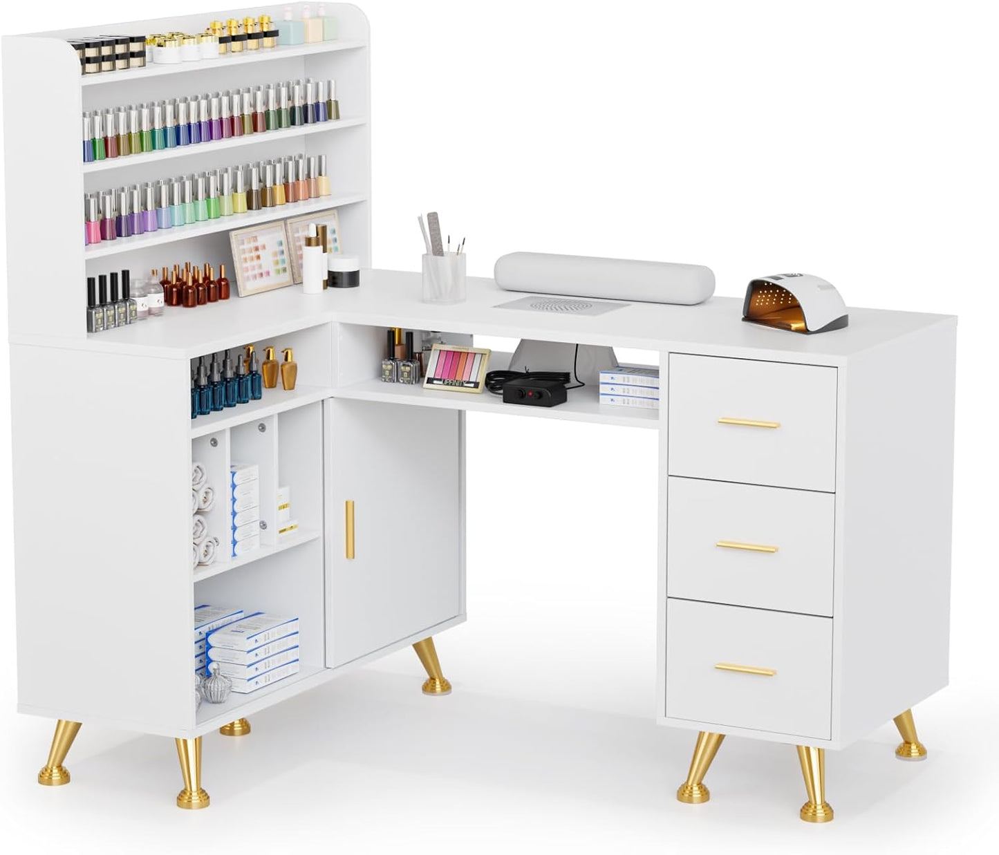 L Shaped Manicure Table with Dust Collector - 52" Corner Nail Desk for Professionals | Acetone Resistant, Storage Drawer & Polish Rack