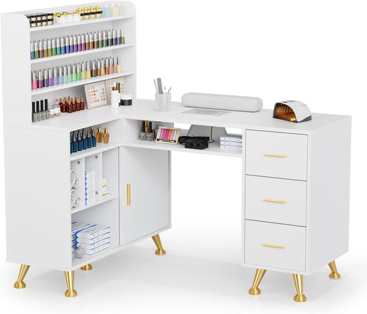 L Shaped Manicure Table with Dust Collector - 52" Corner Nail Desk for Professionals | Acetone Resistant, Storage Drawer & Polish Rack