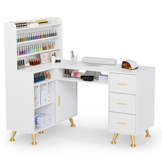 OmySalon L Shaped Manicure Table with Dust Collector, 52" L Corner Nail Desk for Nail Techs, w/Polish Display Rack Arm Rest, Acetone Resistant Top, Drawer and Cabinet Storage, for Nail Salon