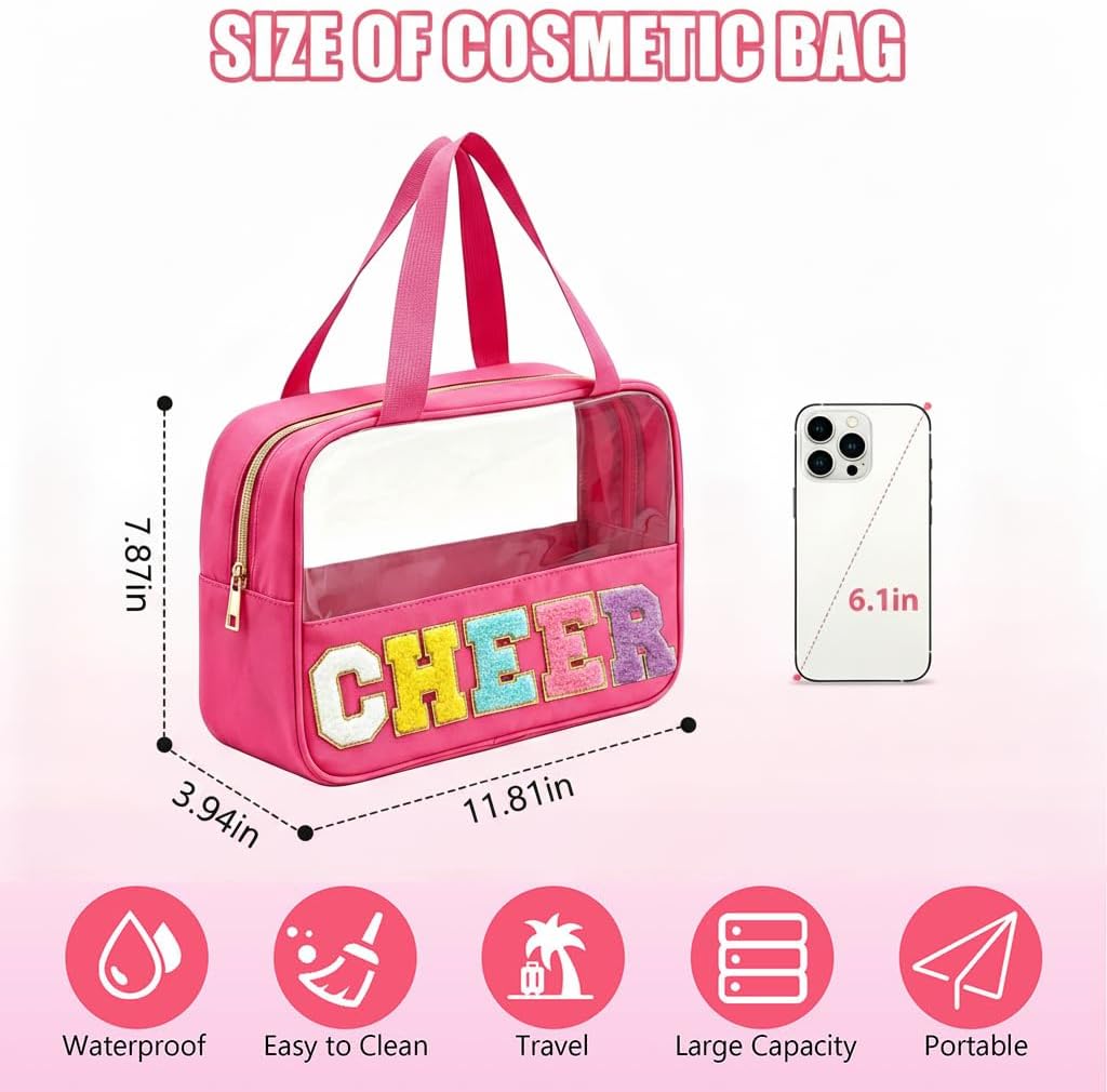 Cheer Makeup Bag - Waterproof Nylon Cosmetic Organizer with Chenille Letter Patch | Ideal Cheerleader Gift for Team