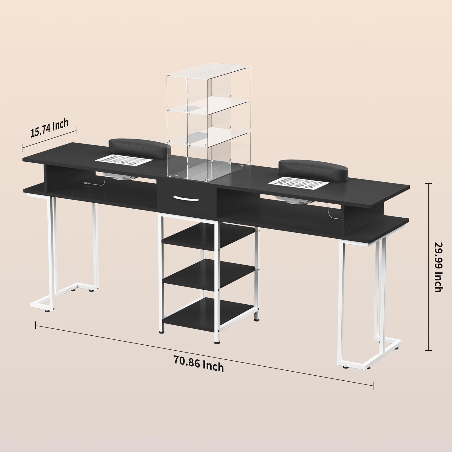 TABU Double Manicure Table,Large Nail Desk for Nail Tech with Acrylic Cabinet and Large Drawers, Beauty Salon Nail Workstation with Dust Collector and Wrist Cushion, Black