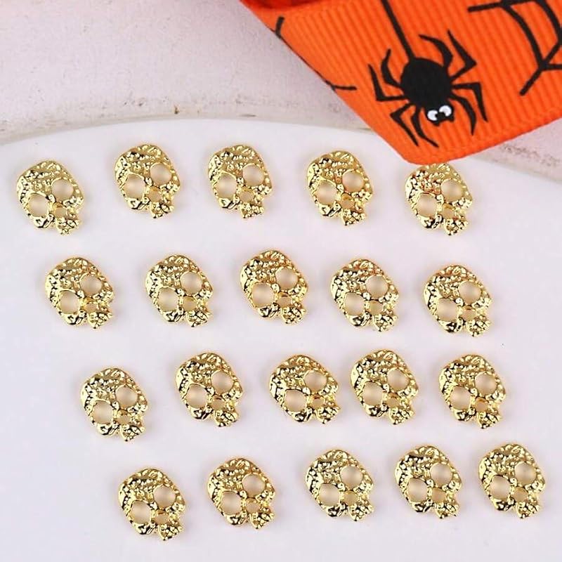 Gold Skull Halloween Nail Charms - 20pcs 3D Skeleton Head Gems for Acrylic Nails (JUNCHAO)