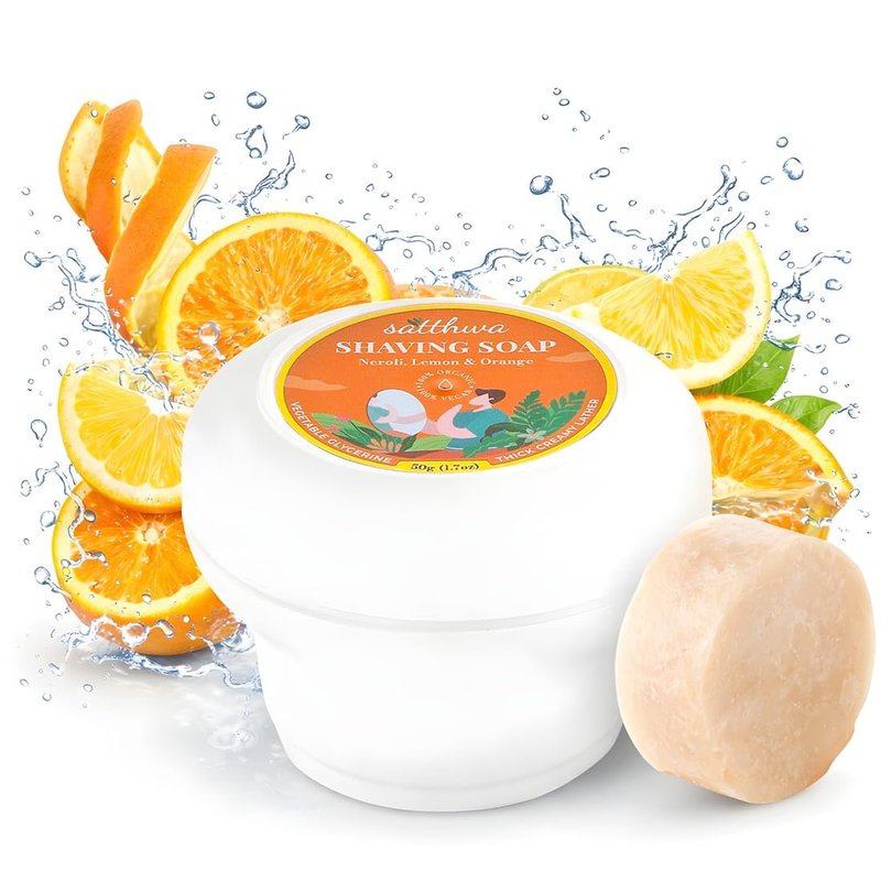 Satthwa Organic Shaving Soap Puck infused with Neroli, Lemon & Orange | Create the Perfect Lather | Excellent for Silky Smooth Shaves | Hydrates and Shields, 50g (1.7oz)