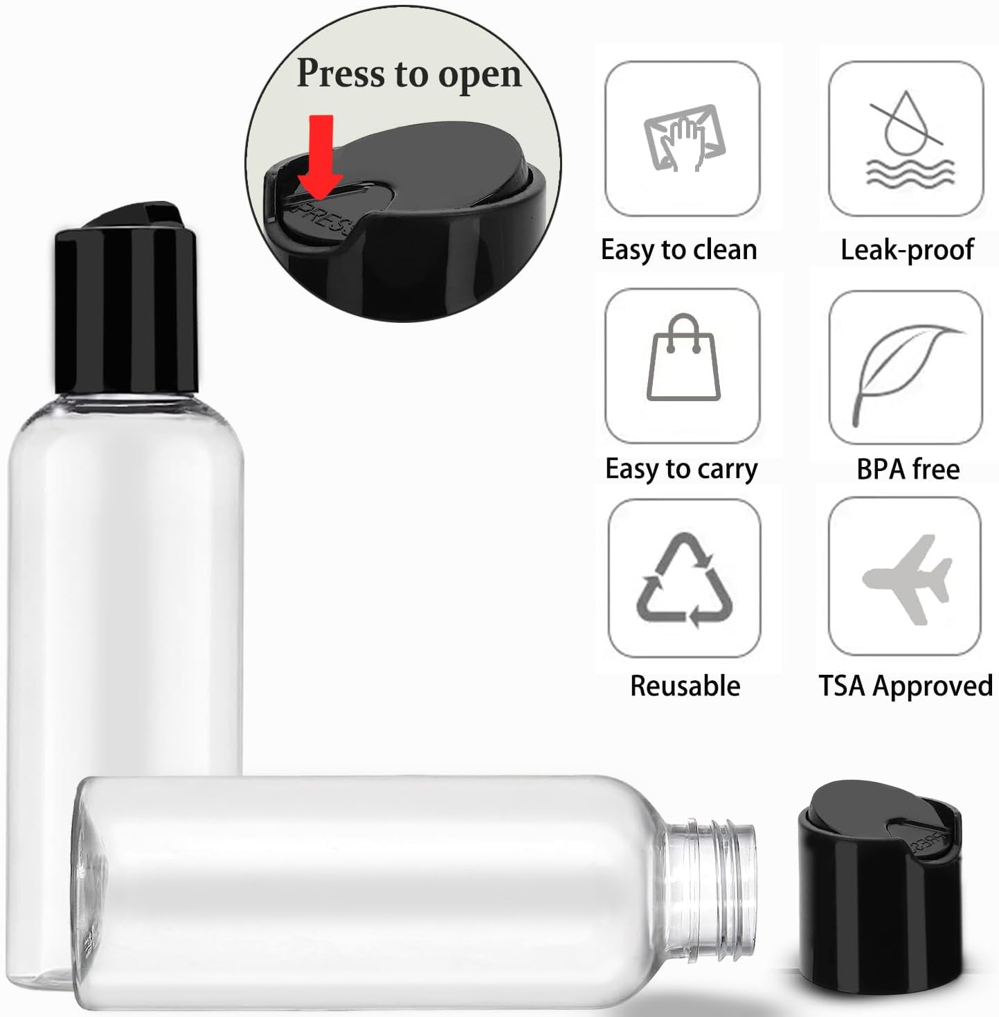 Travel Bottles for Toiletries - 5 Pack TSA Approved Leakproof 3.4 oz Plastic Containers with Labels