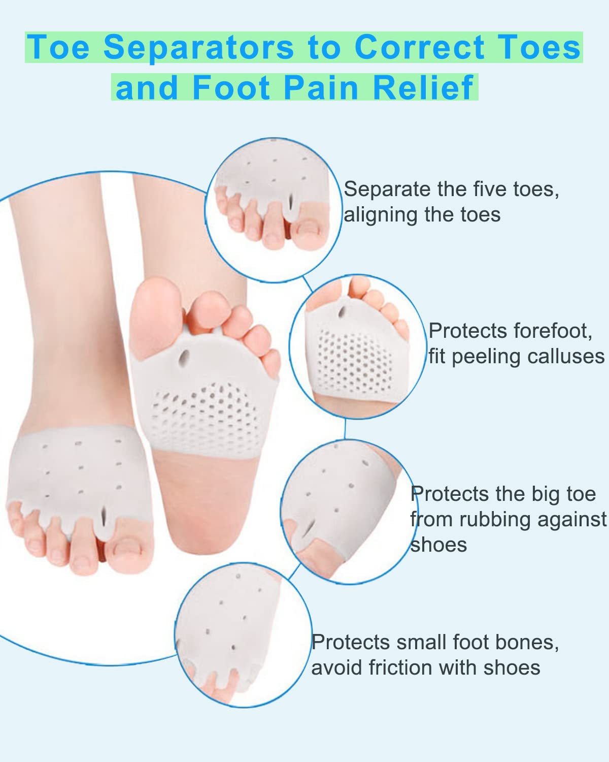 Golbylicc 4 Pairs Metatarsal Gel Pads Toe Spacers Separators to Correct Bunions, Forefoot Pads, Hammertoe Corrector Big Toe Straighteners for Women Men Foot Pain Relief