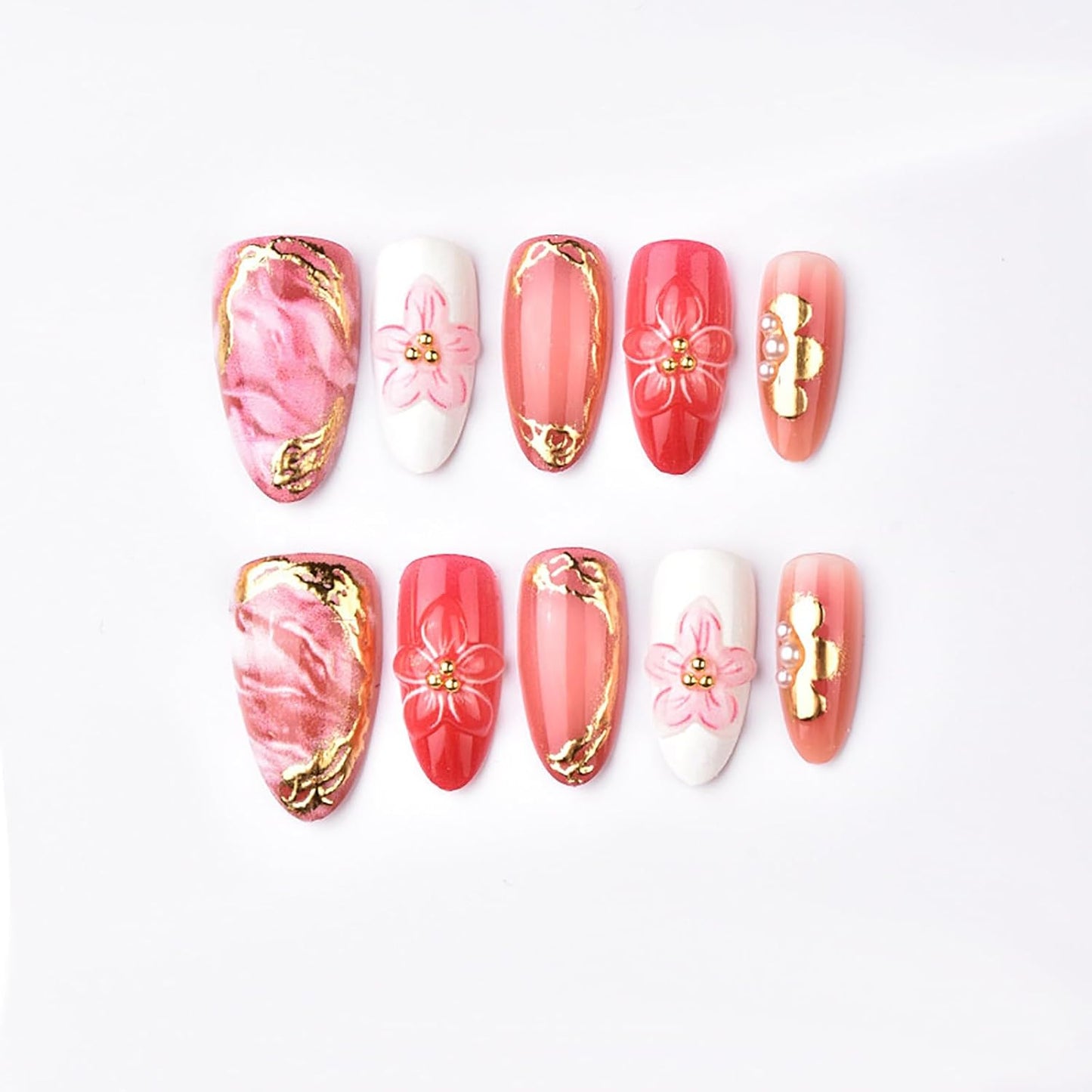 30Pcs Pink Flower Press-On Nails - Handmade Almond Acrylic Nails with 3D Floral Design | Spring/Summer Style